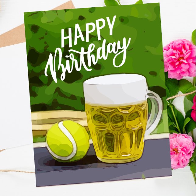 Tennis Birthday med Beer och boll racket på grönt Kort (Skapare uppladdad)