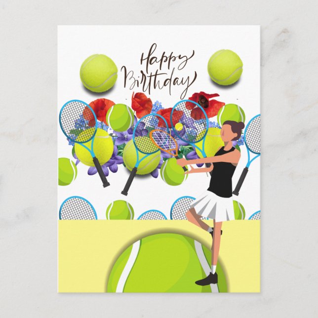 Tennis Birthday med kvinnliga spelare och blommor Vykort (Framsida)