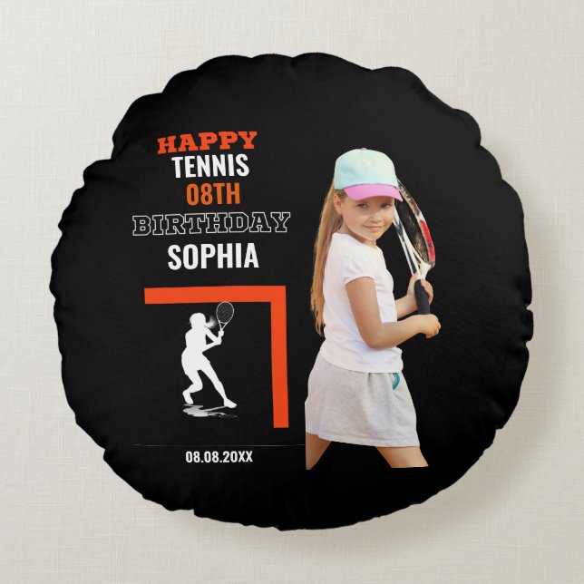 Tennis Birthday, Tennis Girl Player Backdrops Rund Kudde (Framsidan)