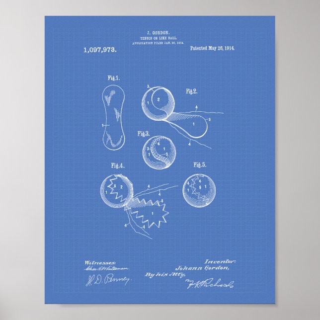 Tennis Boll 1914 Patent Art Blueprint Poster (Framsidan)