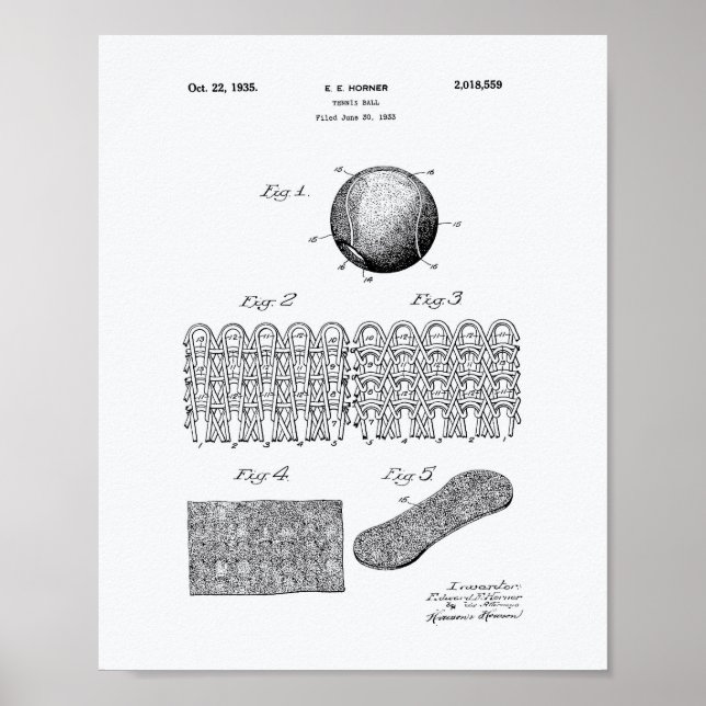 Tennis Boll 1935 Patent Art White Papper Poster (Framsidan)