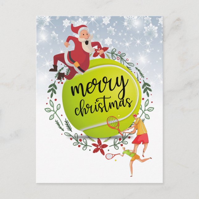 Tennis Boll bakom Jultomten God jul Helg Vykort (Framsida)