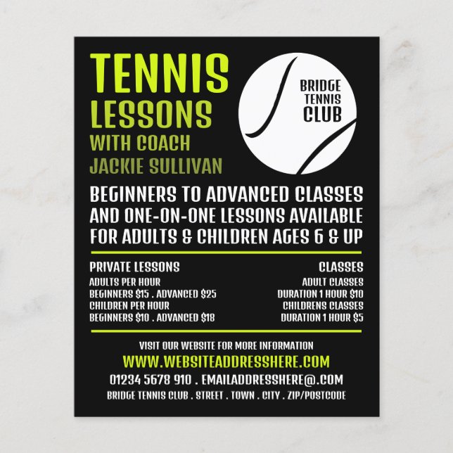 Tennis Boll Design, tennis Lessons/Classes Advert Flygblad (Framsidan)
