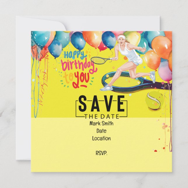 Tennis boll med racket på gult Birthday Inbjudningar (Framsida)