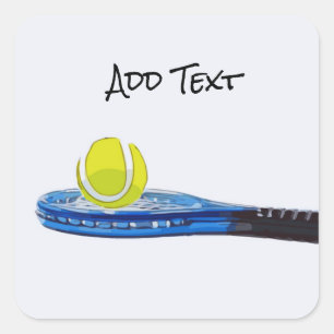 Tennis boll och blue racket på vit bakgrund fyrkantigt klistermärke