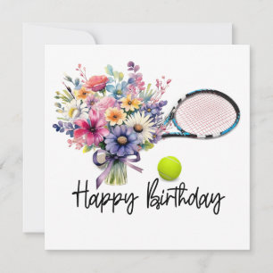 Tennis boll och racket med blommor till födelsedag kort