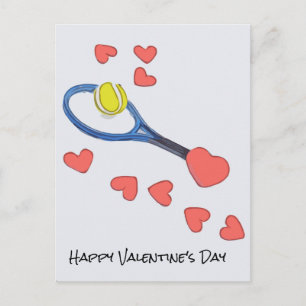 Tennis boll och racket med rött hjärta Valentine Vykort