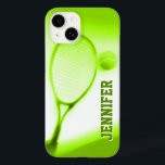 Tennis boll och racketsporter grönt iphone case<br><div class="desc">Tennis sport fodral för iphone. Anpassa objektet med ditt namn. Det här exemplet lyder Jennifer. Sarah Trett fotograferade och designade den här unika teckningen för www.mylittleeden.com</div>