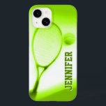 Tennis boll och racketsporter grönt iphone case<br><div class="desc">Tennis sport fodral för iphone. Anpassa objektet med ditt namn. Det här exemplet lyder Jennifer. Sarah Trett fotograferade och designade den här unika teckningen för www.mylittleeden.com</div>