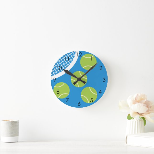Tennis Boll Racket Modern Blue Court Rund Klocka (Hem)