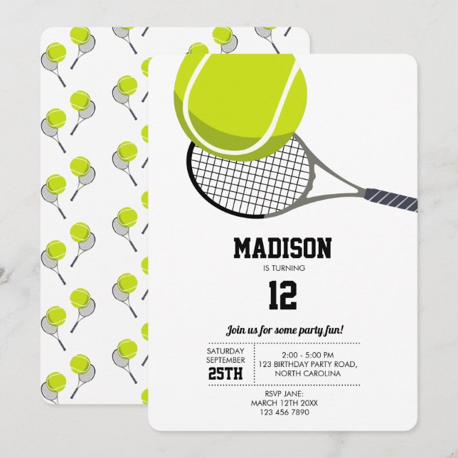 Tennis Boll & Racket Racquet Födelsedagsfest Inbjudningar (Fram/baksida)