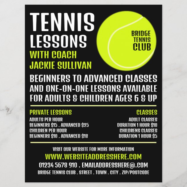 Tennis Boll, Tennis Lessons/Classes Advertising Reklamblad (Framsidan)