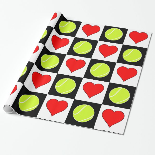 Tennis Bollar och Hearts Black & White Checkered Presentpapper (Utrullad)