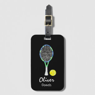 Tennis bollar och racketar på svarta säckar märkre bagagebricka