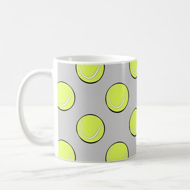 Tennis Bollar Seamless Mönster på Grått Background Kaffemugg (Vänster)