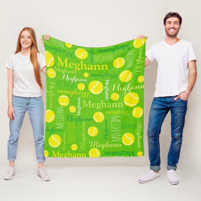 Tennis bollar sport gult, grönt, eget namn fleecefilt (På plats)
