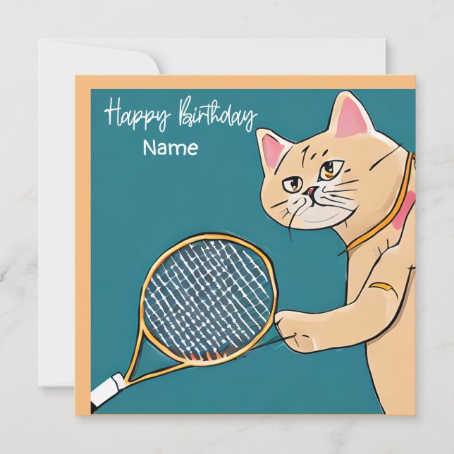 Tennis Cat Player med Racket Birthday-kort (Framsida)