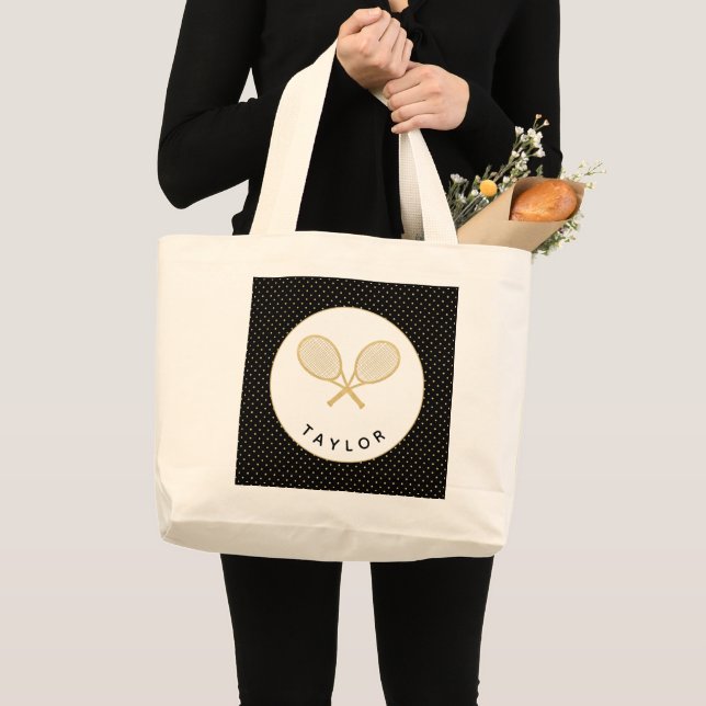 Tennis Chic Sports Gift Black och Guld Anpassnings Jumbo Tygkasse (Framsida (produkt))