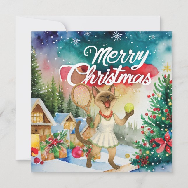 Tennis Christmas greeting for cat lovers Julkort (Framsida)