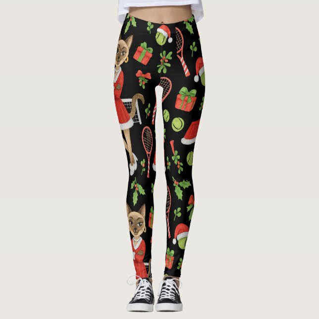 Tennis Christmas themed fir Siamese cat Lovers  Leggings (Framsida)
