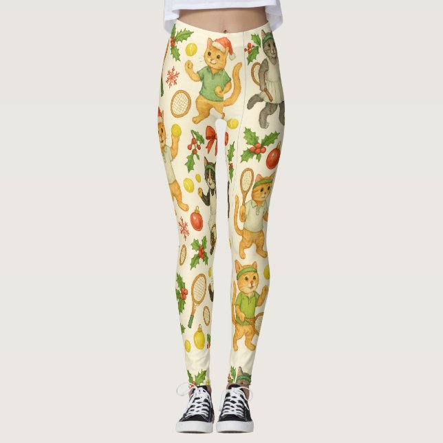 Tennis Christmas themed for Player cat lovers Leggings (Framsida)