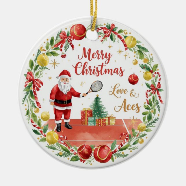 Tennis Christmas with Santa Claus with ball wreath Julgransprydnad Keramik (Framsidan)