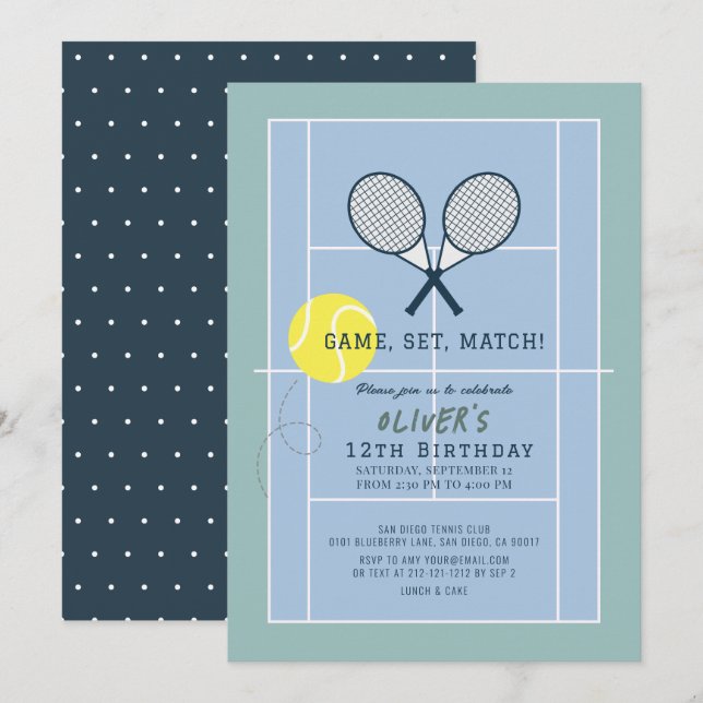 Tennis Court Racquet Blue Boy Birthday Inbjudningar (Fram/baksida)