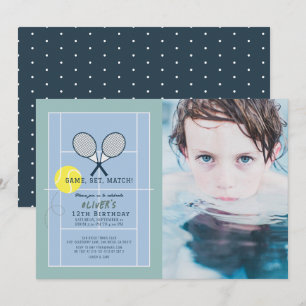 Tennis Court Racquet Blue Boy Photo Birthday Inbjudningar