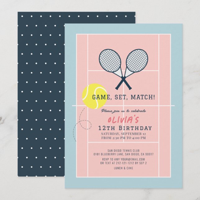 Tennis Court Racquet Rosa Girl Birthday Inbjudningar (Fram/baksida)