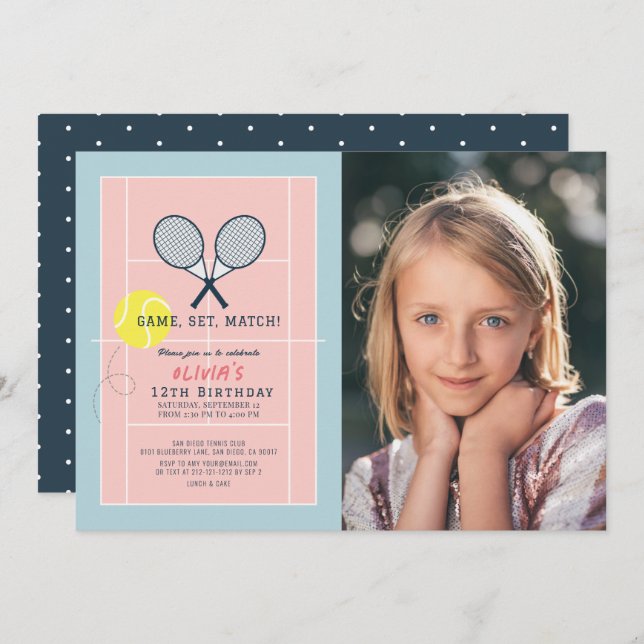 Tennis Court Racquet Rosa Girl Photo Birthday Inbjudningar (Fram/baksida)