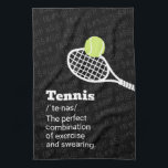 Tennis Definition Exercise and Swearing Kökshandduk<br><div class="desc">Personlig tennis kökshandduk med en enkel tennis racketgrafik och en lustig tennis-citattdefinition "Tennis, perfekten kombination av motion och svettning" i svartvitt och grått med subtle symbol svär ord i bakgrunden. En tennis-perfekt fick en gåva till vilken tennisspelare som helst med en illvillig mun som kunde använda en svett handduk till...</div>