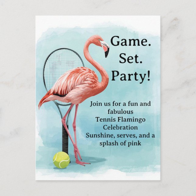 Tennis  Flamingo  with racket and ball invitation  Vykort (Framsida)