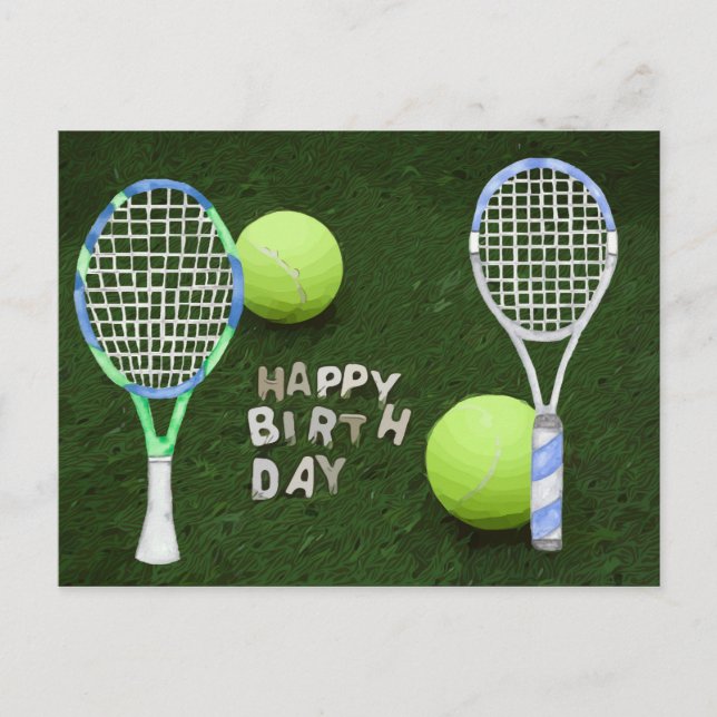 Tennis födelsedag med tennisbollar är på grönt vykort (Framsida)