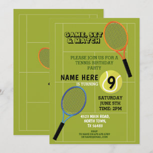 Tennis Födelsedagsfest Sports Boll Rackets Court Inbjudningar