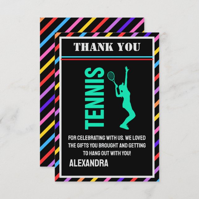 Tennis födelsedagsfest, tennis tjej spelare tack kort (Fram/baksida)