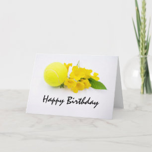 Tennis-födelsedagskort med tennis boll och blommor kort