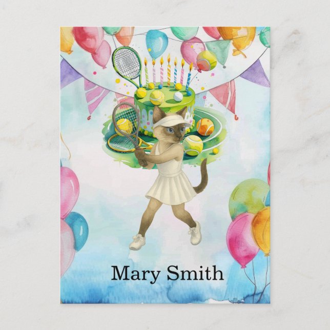 Tennis födelsedagstema för siames katt älskare vykort (Framsida)