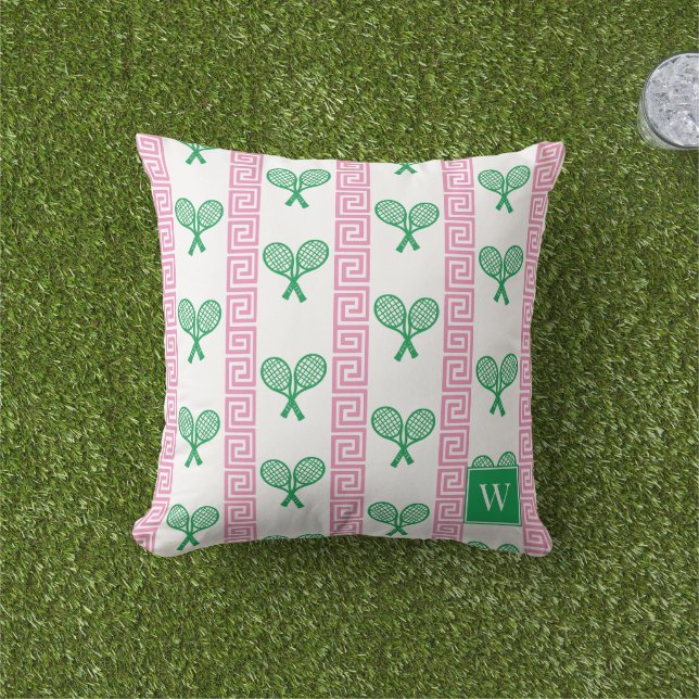 Tennis Greek Key Stripe - Pink & Green Monogram Kudde (Gräs)