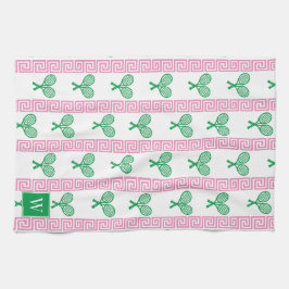 Tennis Grekisk Nyckelrand - Rosa & Grön Monogram Kökshandduk