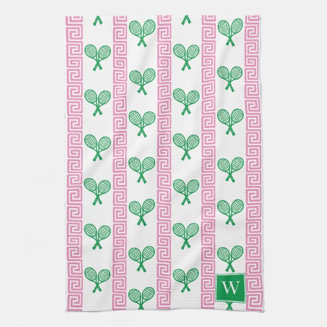 Tennis Grekisk Nyckelrand - Rosa & Grön Monogram Kökshandduk (Vertikal)