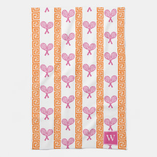 Tennis Grekisk nyckelrandig orange & rosa monogram Kökshandduk