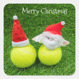 Tennis-jul med julhatt på tennis boll fyrkantigt klistermärke