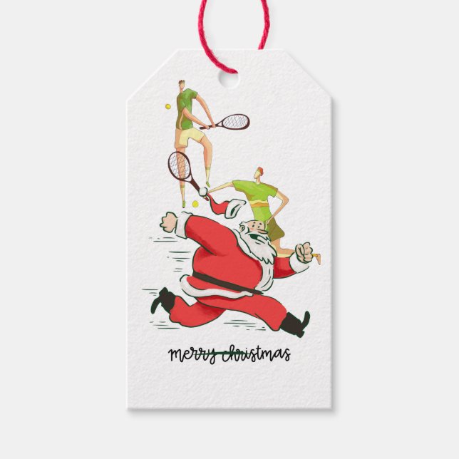 Tennis-jul med Jultomten Boll Racket Presentetikett (Framsidan)