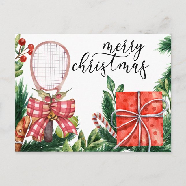 Tennis-jul med Racket-vattenfärg Helg Vykort (Framsida)