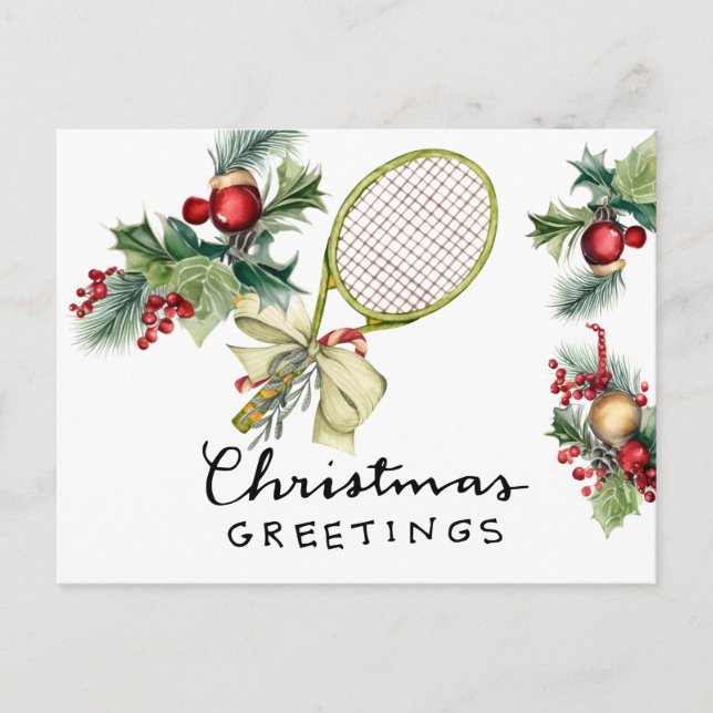 Tennis-jul med Racket-vattenfärg Helg Vykort (Framsida)
