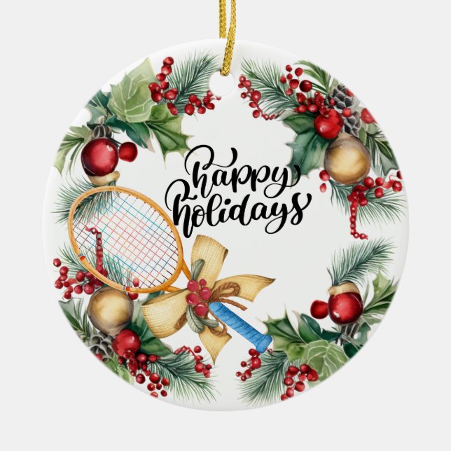 Tennis-jul med Racket-vattenfärg Julgransprydnad Keramik (Framsidan)