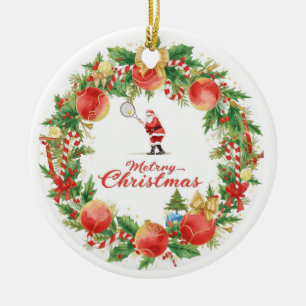Tennis jul med Tomte Claus med bollkrans Julgransprydnad Keramik