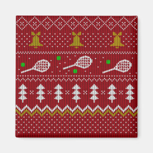Tennis jul Sweater Knkunnig Mönster Red Julafton Magnet