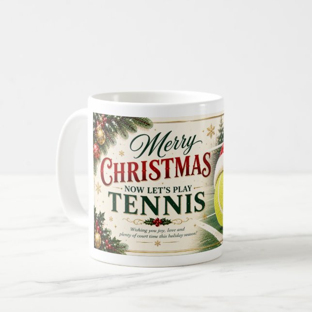 Tennis jul tema boll med Santa hatt Kaffemugg (Framsida vänster)