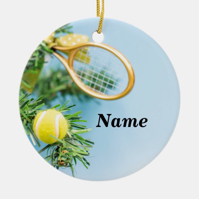 Tennis jul tennis boll och racket på träd julgransprydnad keramik (Framsidan)